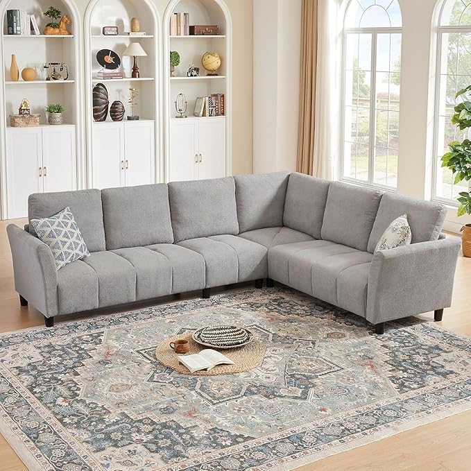 Convertible Sectional Sofa Couch 102 L Shaped Couch with Back Cushions Modern Upholstered Fabric 6-Seat Reversible Sofa Set for Living Room Apartment Office Light Grey