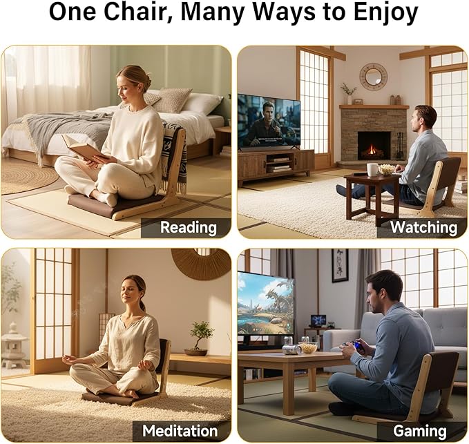 Tiita Foldable Tatami Chair Japanese Floor Chair Wood Legless Back Rest Chairs with Cushion Accent Meditation Floor Chairs Bay Window Wood Brown