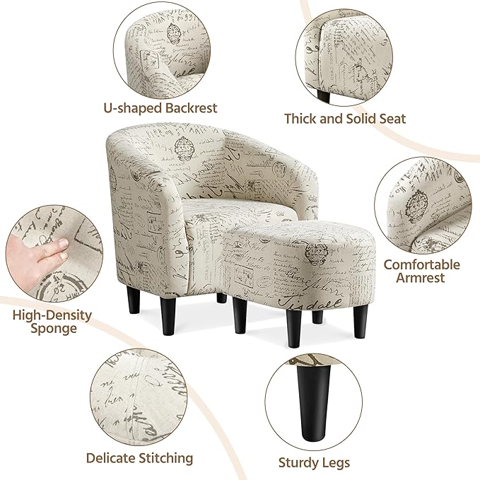 Yaheetech Modren Club Chair with Ottoman Fabric Accent Armchair with Footstool Upholstered Barrel Chair and Footrest for Living Room Bedroom Guestroom Letter Print