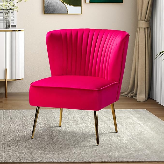HULALA HOME Velvet Accent Chair Modern Upholstered Cute Side Chair with Gold Metal Legs Armless Wingback Slipper Chair Comfy Living Room Chair for Bedroom Guest Room VanityFuchsia