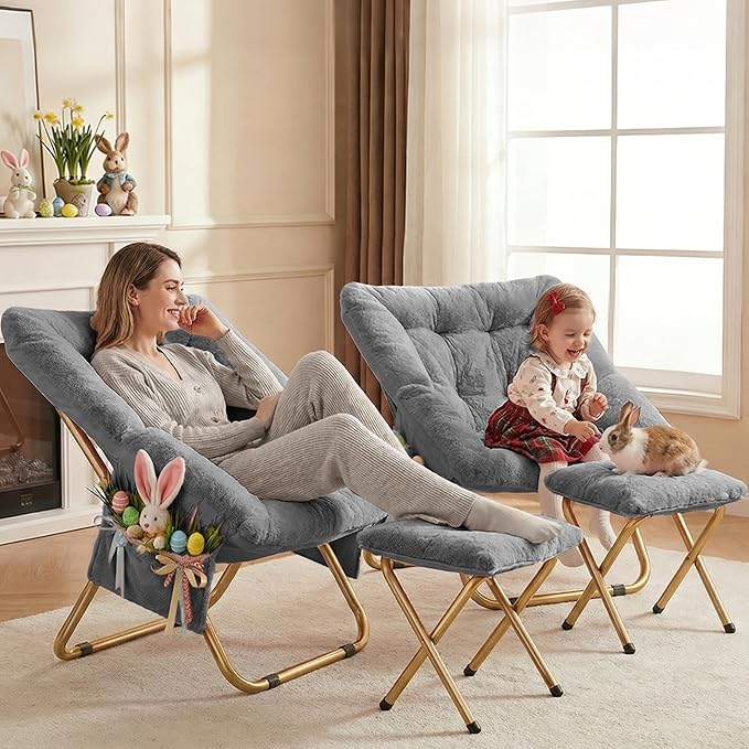 Comfy Saucer Chair Foldable Living Room Chairs Soft Faux Fur Lounge Chair for Bedroom Reading Chairs for Adults Teens X-Large (Grey)