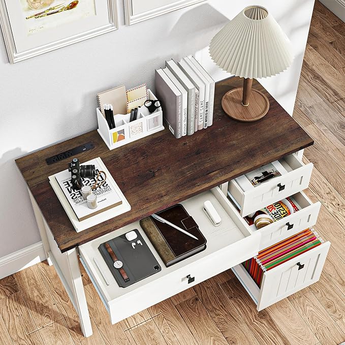 Farmhouse Executive Desk 45 inch Computer Desk with 4 Drawers Smart Charging Station Home Office &amp Study Room Essential for Remote Workers Professionals &amp Students.Antique White