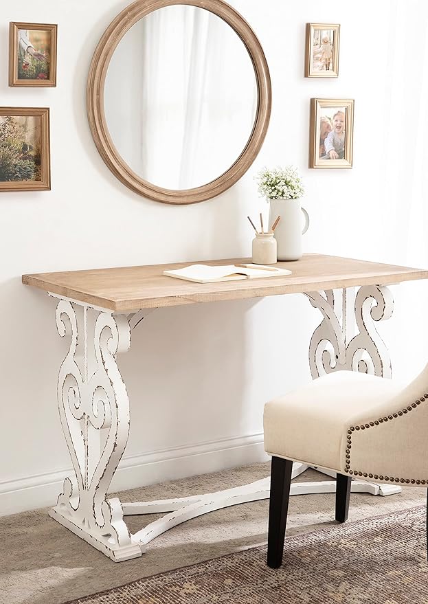 Kate and Laurel Wyldwood Farmhouse Wooden Desk 46 x 24 x 30 Brown and White Rustic Carved Wood Computer Desk for Functional and Stylish Home Office Decor