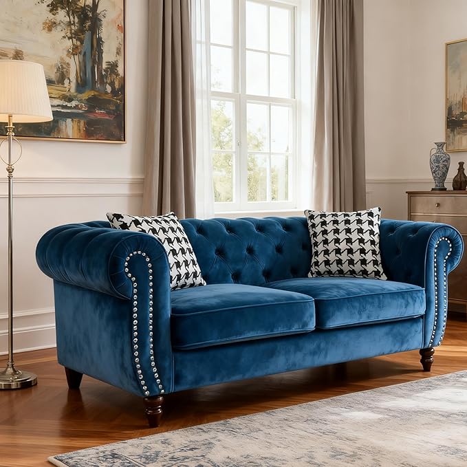 Loveseat Velvet Fabric Two- Seater Couch Buckle Design and Rivet Decoration Deep Seated Double Sofa Suitable for Living Room Bedroom Apartment Hotel etc (blue-01)