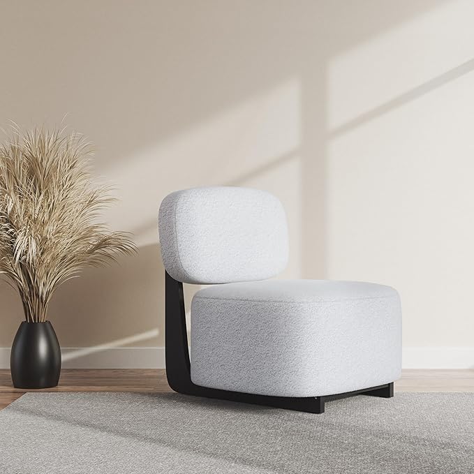BELLEZE Modern Sherpa Accent Chair with Rubber Wood Base Upholstered Bouclé Soft Chair Low-Profile Single Sofa Chair with Flat Backrest Cozy Living Room or Bedroom Chair White
