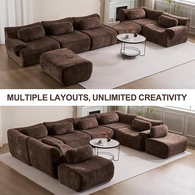 Multiple Modular Boneless Couches for Living Room Cloud Sectional Sofa with Comfy Deep Seat Oversized L-Shaped Convertible Couch with Ottoman for Bedroom Apartment 4 Modules Combined Chocolate