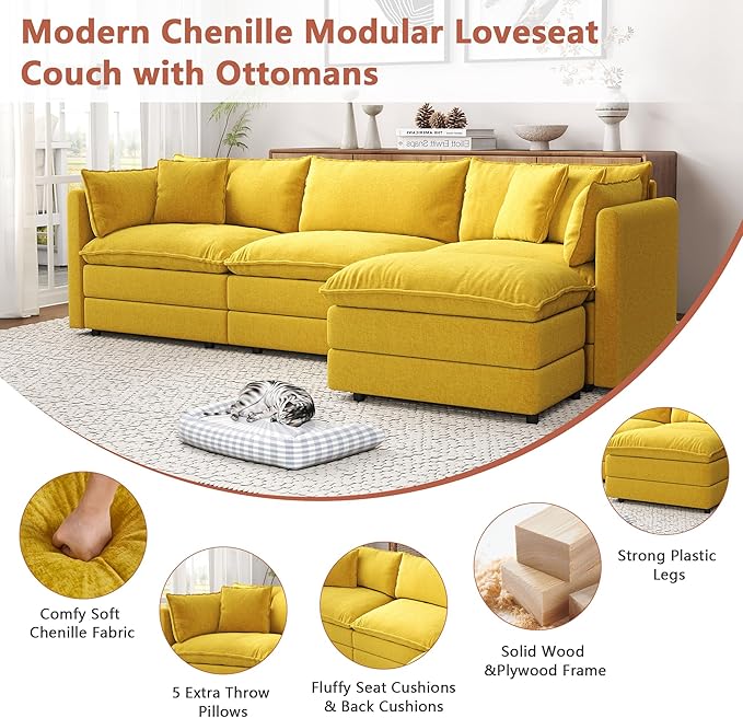 Setawix Deep 3 Seater Couch with Ottoman112.2 L-Shaped Cloud Couches for Living RoomChenille Cloud Sofa Couch with Deep SeatModular Sectional L Shape 3 Seat Sofa for Bedroom (Yellow 3+1)