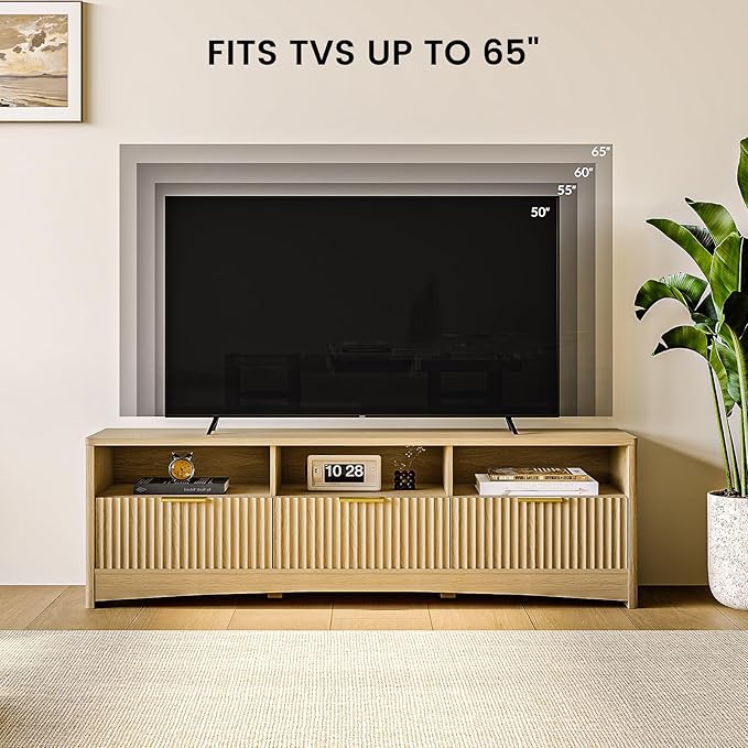 Amada 59 Fluted TV Stand for TVs Up to 65 Mid-Century Modern Entertainment Center with Storage Drawers and Open Shelf TV Console for Living Room or Bedroom Natural Oak