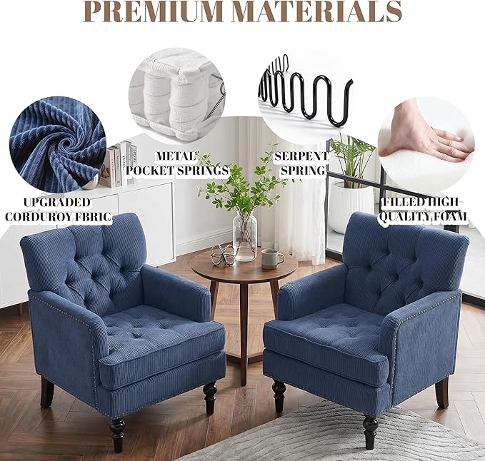 Tufted Corduroy Armchair with Nailhead TrimMid Century Modern Fabric Upholstered Accent Side Chair for Living Room Bedroom26.4 Arm Chair with Solid Wood LegsReading Club Chair (1 Blue)