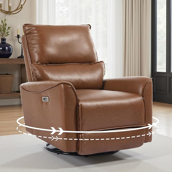 Power Swivel Rocker Recliner PU Leather Glider Electric Rocking Chair with Charging Ports and Lumbar Support Electric Wall Hugger Recliner for Living Room Bedroom Nursing RV Brown
