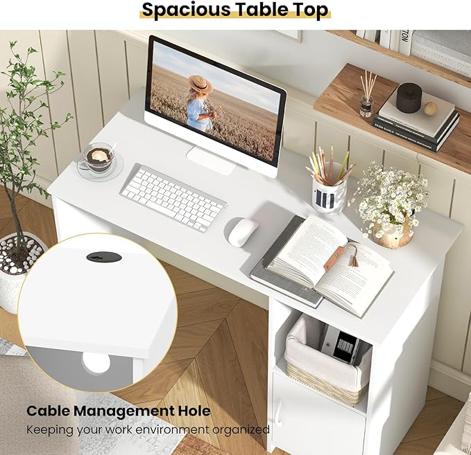 Giantex Small Computer Desk White Desk with Storage Cabinet &amp Shelf Compact PC Laptop Table Workstation Makeup Vanity Table Modern Study Writing Desk for Small Space Bedroom Home Office