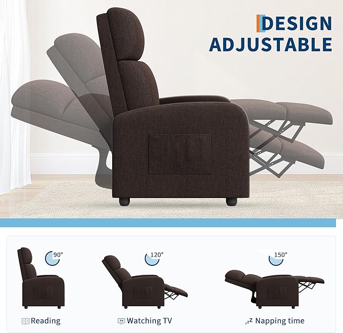 Premium Linen Manual Recliner Chair - High Backrest &amp Thick Cushion for Superior Comfort Adjustable Push Back Recliner with Side Pocket Gray Lounge Chair for Living Room &amp Bedroom