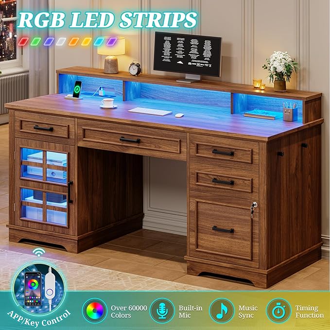 60'' Farmhouse Executive Desk with Drawers Home Office Desk with Power Outlet &amp LED Light Wood Computer Desk with Monitor Stand Locking File Drawer Glass Storage Cabinet Hooks