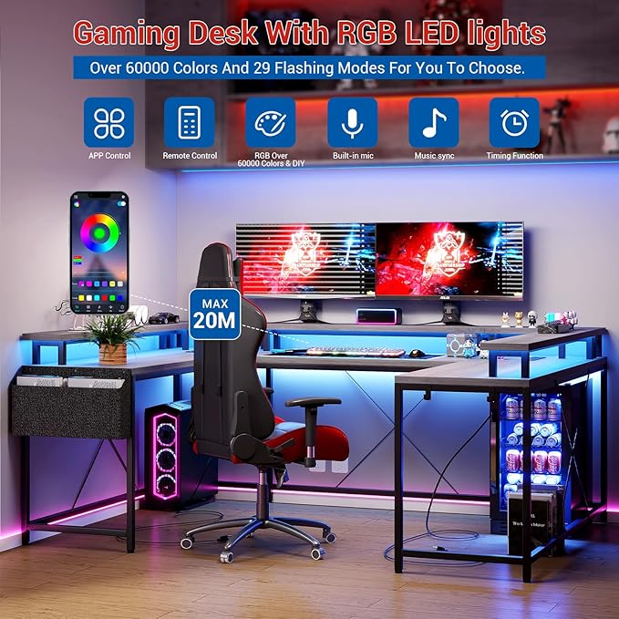 U Shaped Desk with Power Outlets USB Ports &amp RGB LED Lights 79 Inch Large Corner Computer Desk with Monitor Stand Reversible Gaming Desk for Home Office Ergonomic Workstation (Oak)