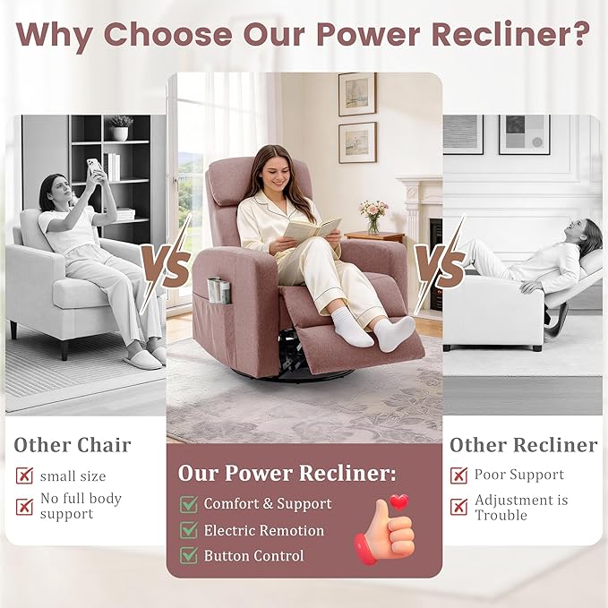 Power Swivel Recliner Chairs for Adults Electric Glider Rocking Chair Nursery Glider Recliner Nursery Chair with Classified Side Pocket Nursery Rocking Chairs with USB and Type-C Ports