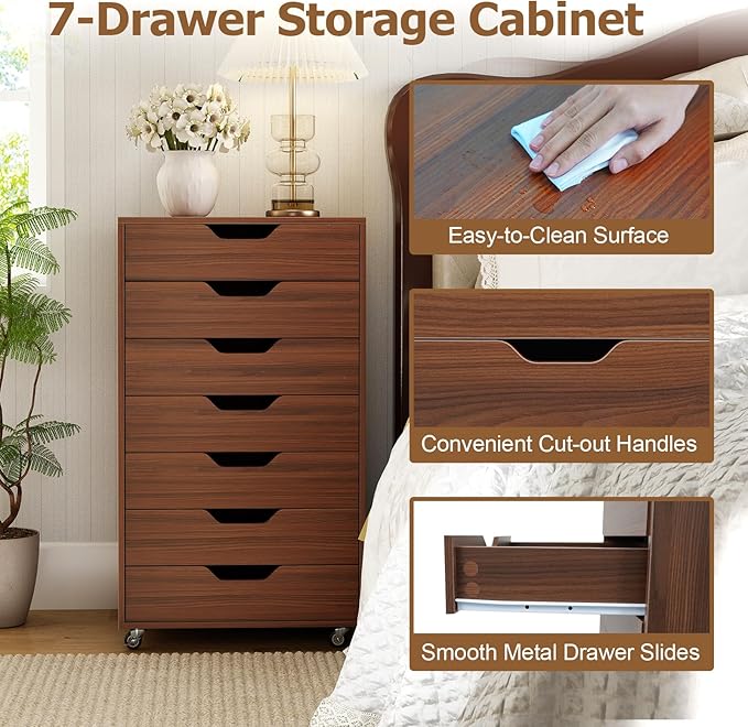 7 Drawer File Cabinet 34.5 Vertical Storage Drawer Cart Under Desk Office Organizer Wooden Printer Stand Rolling Filing Cabinet for Home Office (Walnut)