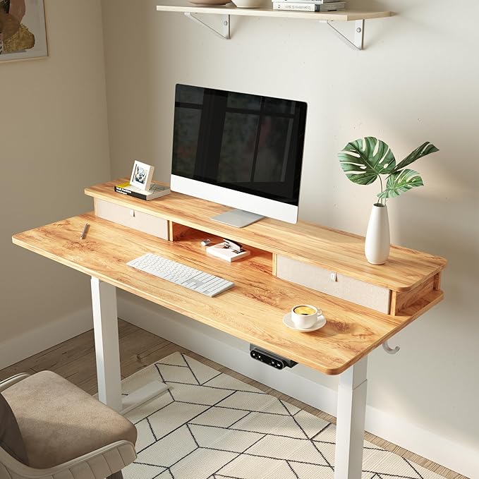 FEZIBO 48 x 24 Inch Whole-Piece Height Adjustable Standing Desk with Double Drawers Sit Stand Desk Stand Up Table (Send Two Packages) Light Rustic Top