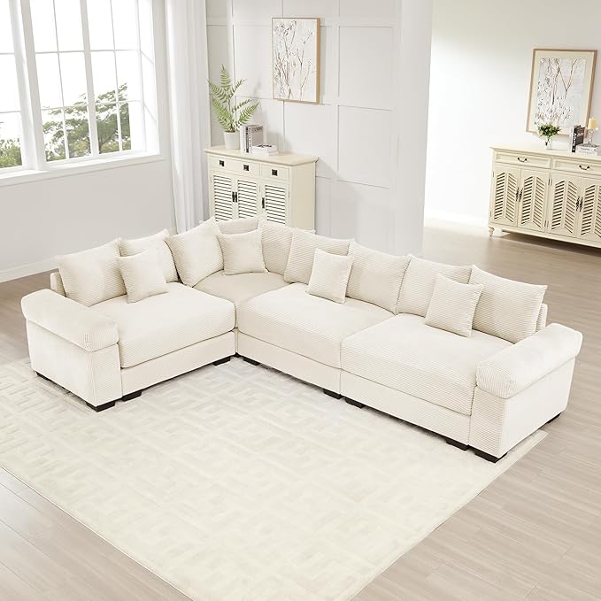 116.9 Modular Section 3 Seater L-Shaped Corner Sofa Convertible Modern Corduroy Couch with Wide Armrest and Deep Seat Solid Wood Frame Boneless Sofa with 12 Pillows Beige