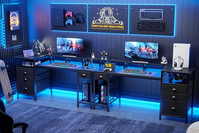 Furologee 60 Black Computer Desk with 4 Drawers and Printer Space Gaming Desk with LED Lights and USB Power Outlets Home Office Desk with Fabric File CabinetStudy Work Table with Shelf for Bedroom
