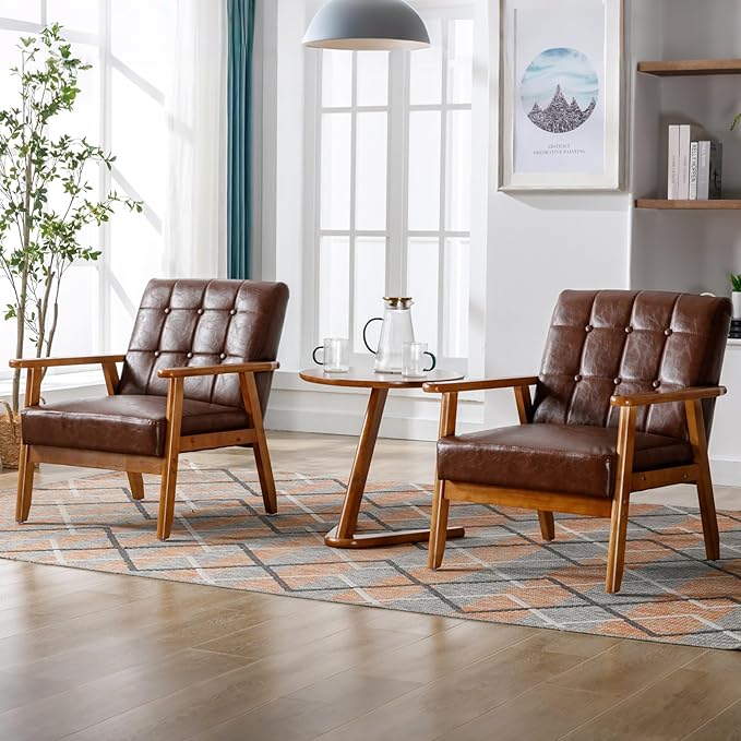 PU Leahter Accent Chair Set of 2 Mid-Century Modern Armchair with Solid Wood Armrests Button-Tufted Comfortable Cushioned Reading Chairs for Living Room Bedroom (Brown