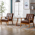 PU Leahter Accent Chair Set of 2 Mid-Century Modern Armchair with Solid Wood Armrests Button-Tufted Comfortable Cushioned Reading Chairs for Living Room Bedroom (Brown