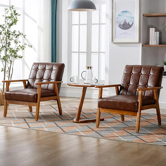 PU Leahter Accent Chair Set of 2 Mid-Century Modern Armchair with Solid Wood Armrests Button-Tufted Comfortable Cushioned Reading Chairs for Living Room Bedroom (Brown