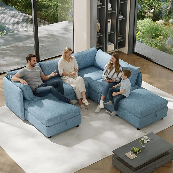6 Seat Modular Sectional Sofa with Storage Convertible Sectional Couch Modular Sofa with Chaise Living Room Furniture Sets U Shaped Couch with Ottoman Couches for Living Room Blue