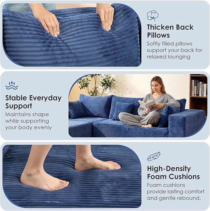 Redlife 97 L-Shaped Modular Sectional Sofa 4-Seater Boneless Couch with Ottoman 28 Deep Seat Blue Corduroy Upholstery Non-Slip Texture No Assembly Required