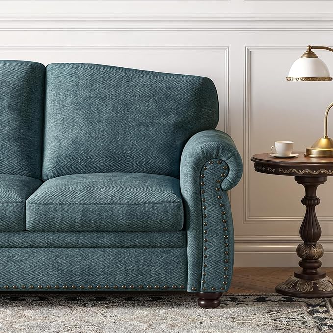 ONBRILL 90 Inch Rolled Arm Sofa for Living Room Deep Seat Nailhead Trim Couch Comfy 3 Seater Chenille Couch w/Wooden Leg Springs Seat Cushion Large Traditional Sofa for Farmhouse Blue