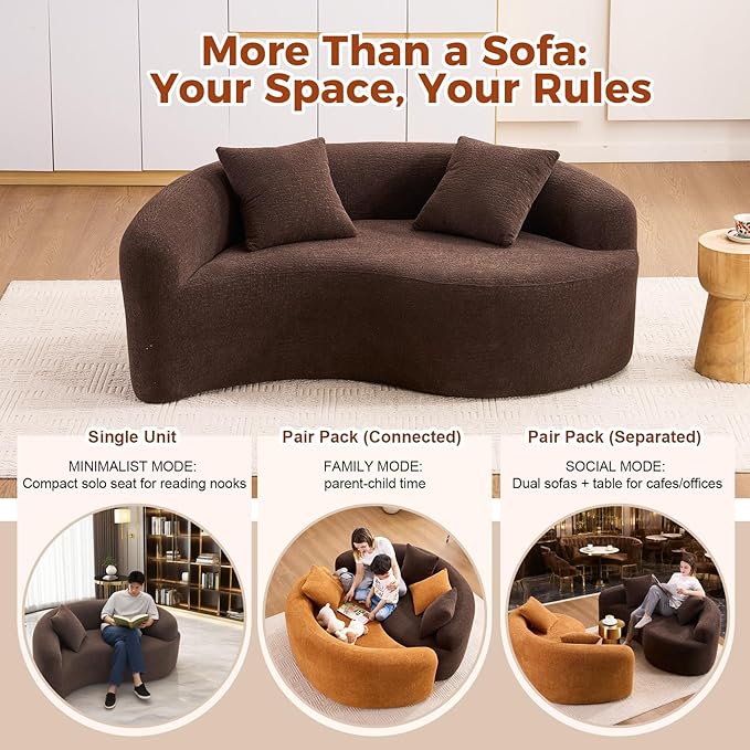 Luxury Modern Chenille Sectional Sofa Tai Chi Curved Compression Couch Boucle Cozy Soft Loveseat for Living Room Apartment Office (Brown)