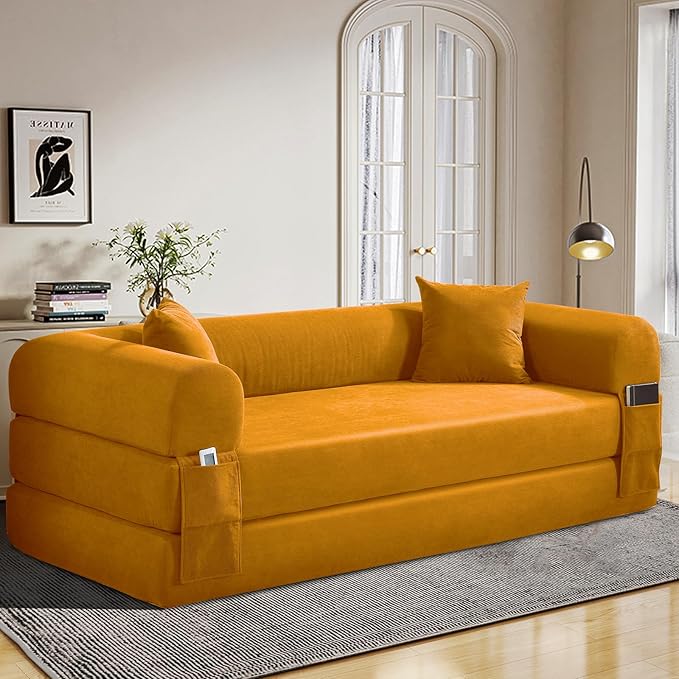 KBQ 3-Seat Convertible Sleeper Sofa Bed with 2 Pillows Corduroy Folding Mattress Couch Floor Sofa Lounge Couch for Living Room Bedroom Lounge Studio Yellow