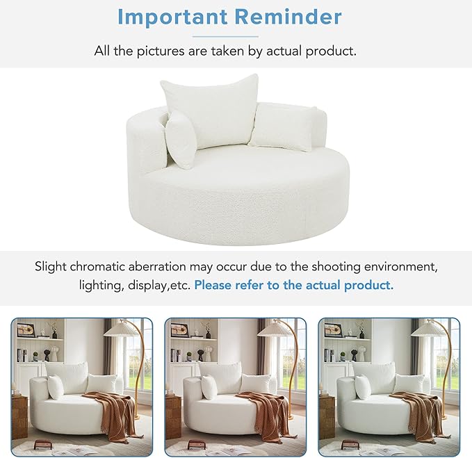 360° Swivel Chair Accent Chair with 3 Removable Pillows Modern Chenille Fabric Barrel Chair Swivel Round Sofa Chair for Living Room Bedroom Office and Hotel (Beige/96)