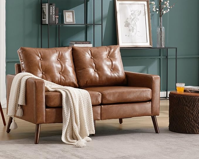 VESCASA 53 W Faux Leather Loveseat Sofa with Button Tufted Back Mid Century Modern Upholstered 2 Seater Small Sofa Couch with Wood Legs PU Leather Love Seats for Living Room/Bedroom Caramel