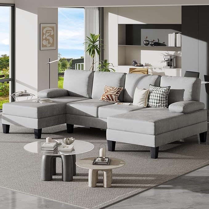 Bezseller 107.3 Sectional Couches for Living Room U Shaped Modular Sofa Couch with Cushion &amp Chenille Fabric 4-Seat Comfy Furniture Sets with Double Chaise for Apartment Reception Room Grey