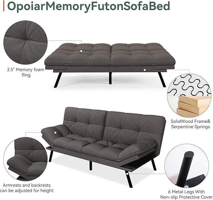 Opoiar Convertible Futon Sofa Bed71 Memory Foam Futon CouchDetachable CushionAdjustable Backrest &amp ArmrestLinen Modern Loveseat Sleeper Recliner for Living RoomOfficeApartmentRetro Grey