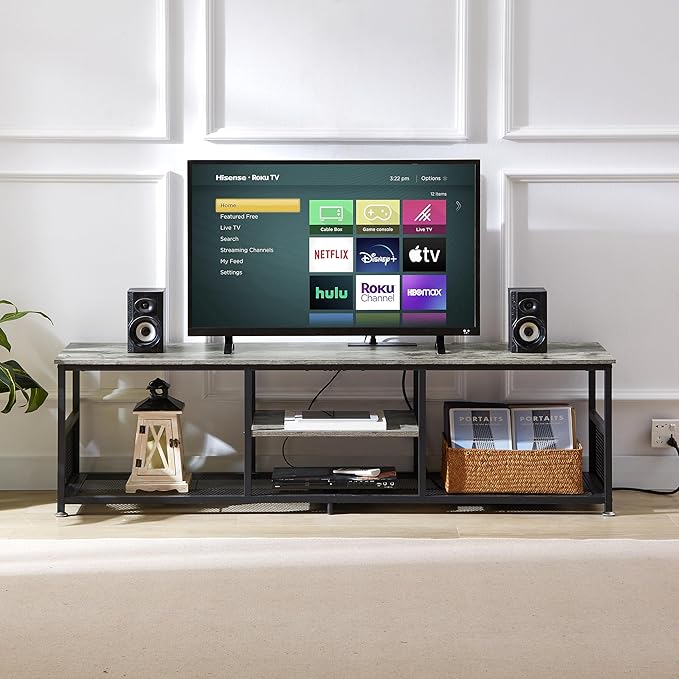 VECELO TV Stand with Power Outlets for Televisions up to 75Inch 62 Media Entertainment Center with Charging Station 3-Tier Open Storage Shelves with Metal Frame for Living Room/BedroomGrey