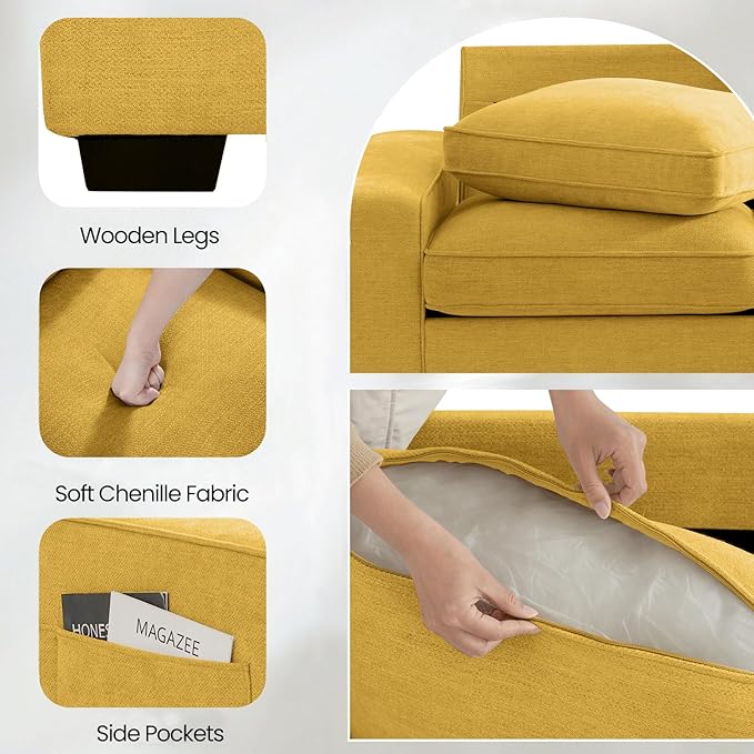 TEKAMON 128 Modular Sofa Couch with Seat Storage Chenille SofaModern Comfy 4-Seater Couch for Living Room Office Apart W/Deep Seat Wide Armrest USB Pockets Removable Covers (Yellow)