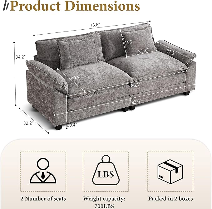 URRED Modular Sectional Sofa Comfy Cloud Couch Modern Chenille Sofa Sleeper Deep Seat Couches with Ottoman/Pillows for Living Room (Gray 82.6'')