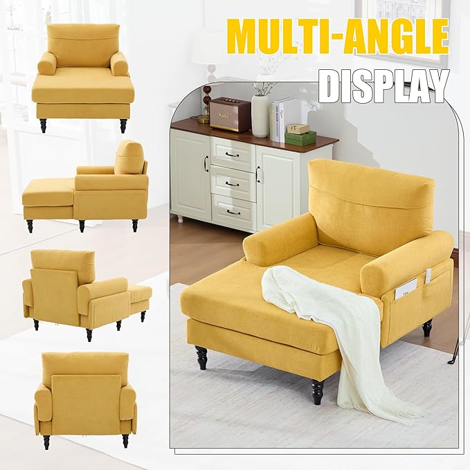 KEIKI Chaise Lounge Chair Indoor Oversized Accent Chenille Armchair with Storage Leisure Sleeper Single Sofa Side Chair Corner Recliner Arm Chairs for Living Room Reading Easy Assembly Yellow