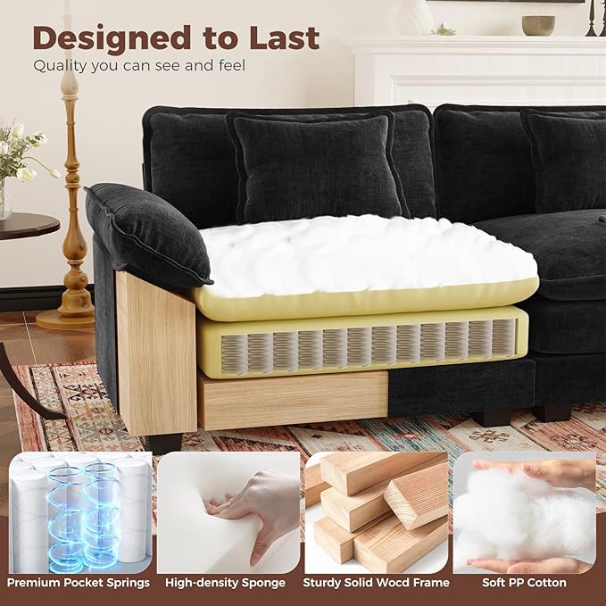 HUSFU 154 Cloud Couch Modular Sectional Sofa with Ottoman 4-Seat Modern Chenille Upholstered U-Shaped Deep Seat Sofa Couch for Living Room Bedroom and Apartment Black