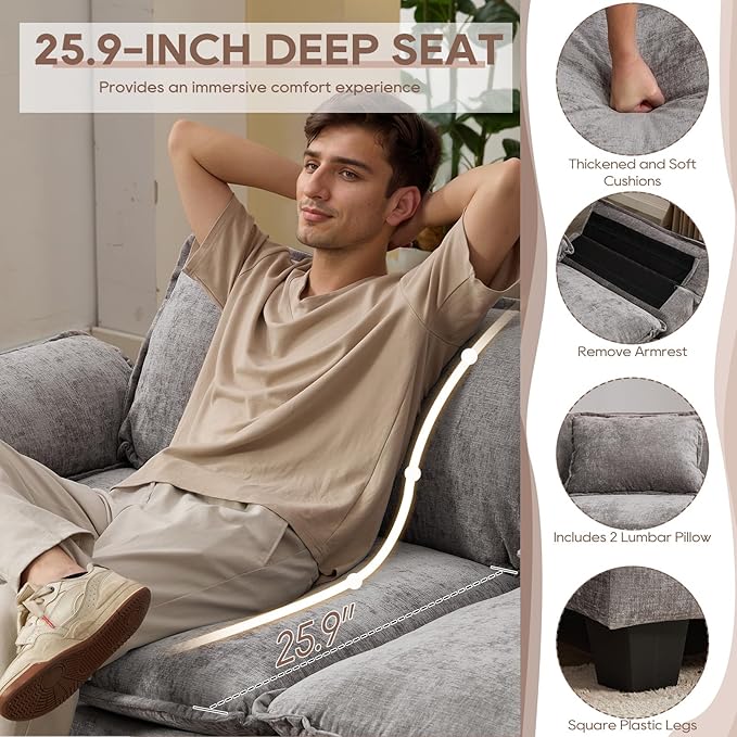 IPKIG 82.6 Sectional Sofa Cloud Couch Modern Chenille Comfy Upholstered 2-Seat Sofa with 2 Ottoman 2 Lumbar Pillow Deep Seat Modular Couch for Living Room Apartment Office Studio Light Grey |
