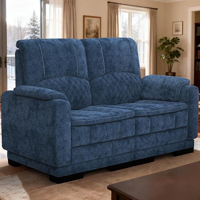 Boneless Loveseat Sofa High-Density Cloud-Like Double Cushion Floor Sofa Couch Chenille Small Boneless Couch for Living Room 850 lb Support Raised Backrest Ergonomic Easy Assembly Blue