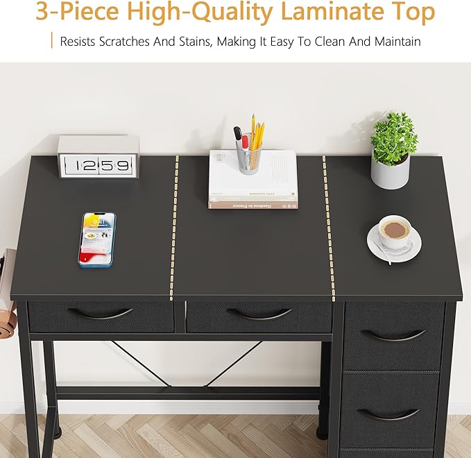 Small Desk with 5 Fabric Drawers 33 Inch Writing Desk for Home Office Simple PC Desks for Small Place Kids Girls Teen Study Table Vanity for Bedroom Dorm Black 14 D