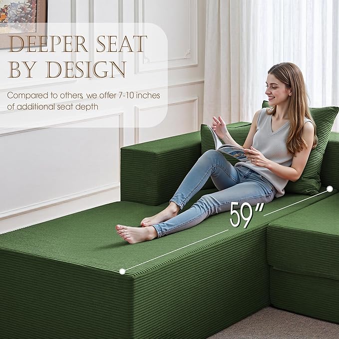 YINIX 106 Modular Sectional Sofa Modern Cloud Couch with L-Shape Chaise Upholstered Boneless Couches with Deep Seat Comfy Corduroy Sofa for Living Room Bedroom No Assembly (Green)