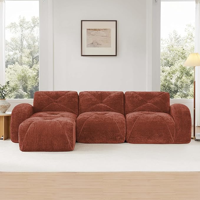 110-Inch Cloud Sectional Couches L-Shaped 4 Seat Boneless Modular Sofa with Ottoman Velvet Tufted Upholstered Boneless Couch Floor Full Foam Sofas for Living Room