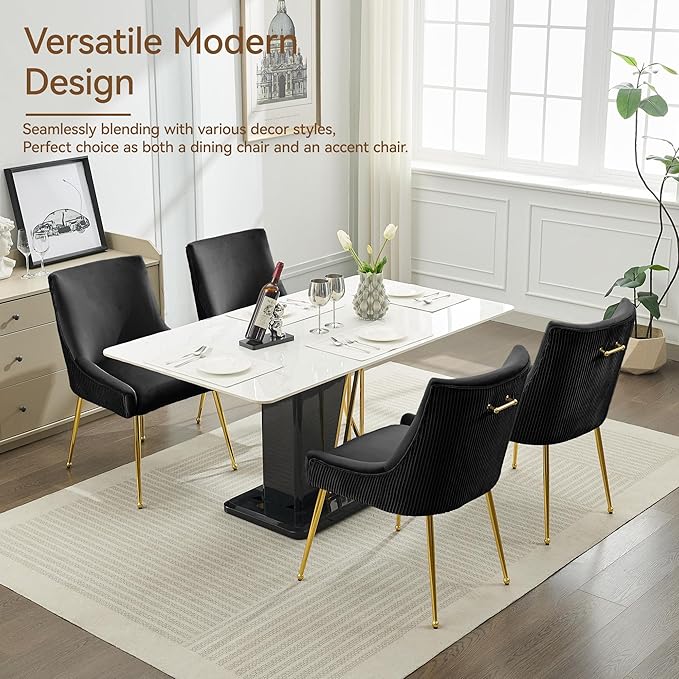 Velvet Dining Chairs Set of 6 Gold LegsUpholstered Velvet Accent Chairs Pleated Back Design &amp Gold Pull Handle Mid Century Modern Chairs for Dining/Kitchen/Living RoomBlack