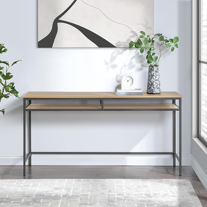 OSP Home Furnishings Modern 60-inch Woodgrain Top Multipurpose Desk Table Graphite Grey Metal Frame with Oak Top Finish