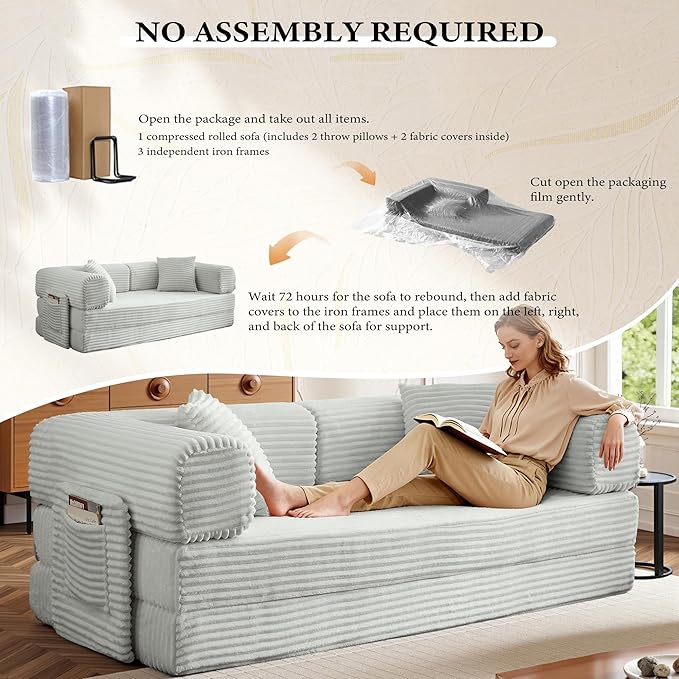 Boneless Couch Futon Sofa Bed Sectional Couches for Living RoomCloud Couch with Sleeper SofaSofas for Living Room Oversized Corduroy Upholstered (Light Grey 81 Inches (with Iron Frame))