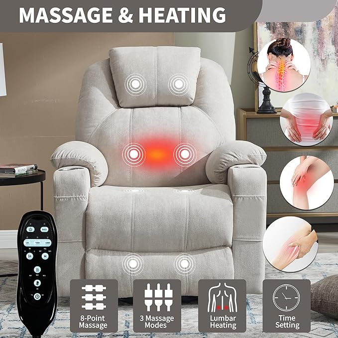 Chenille Electric Power Lift Recliner Chair Massage Single Sofa with Vibration Massage and Lumbar Heating Ergonomic Lounge Couch with Cup Holders and USB Charge Port for Living Room (Beige)