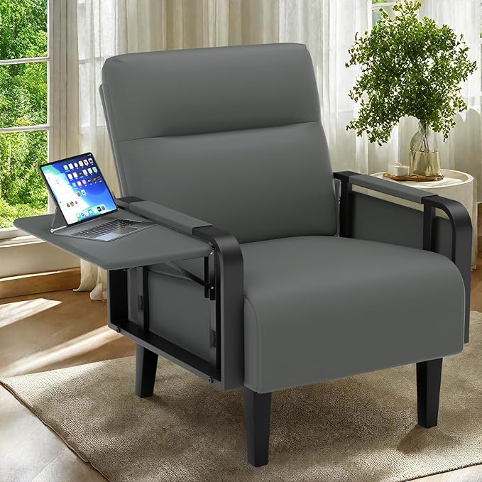 Upholstered Faux Leather Accent Chair Set of 2 Armchair with Tray Table Comfy Reading Chair for Living Room Bedroom Guest Room Gray